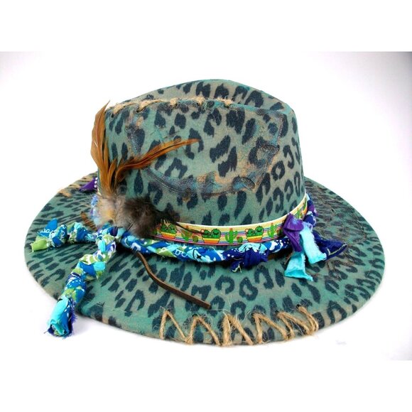 Leopard Print with Macaw and Pheasant Feathers Fedora Womens Western Hat Custom - Picture 1 of 7